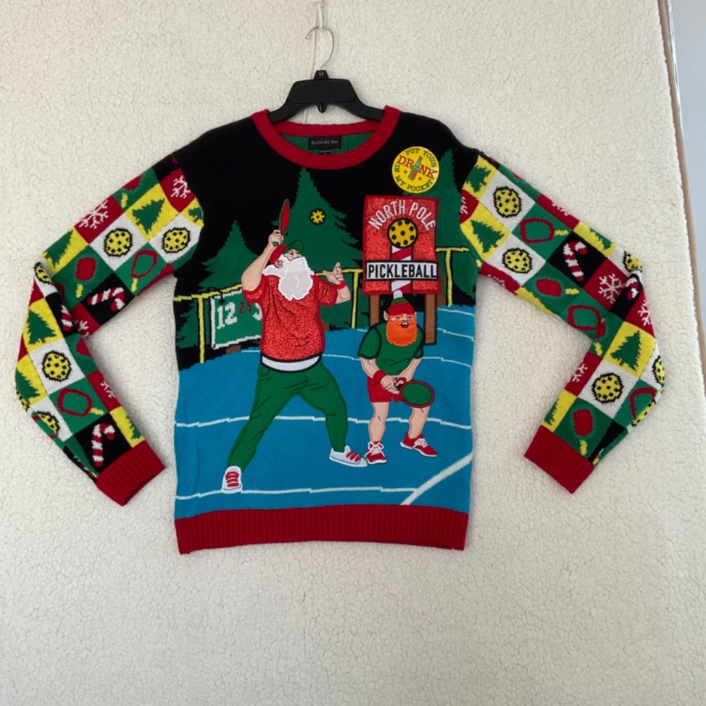 Blizzard Bay Men’s S Santa & Elf Pickleball Drinkholder Pocket Christmas Sweater